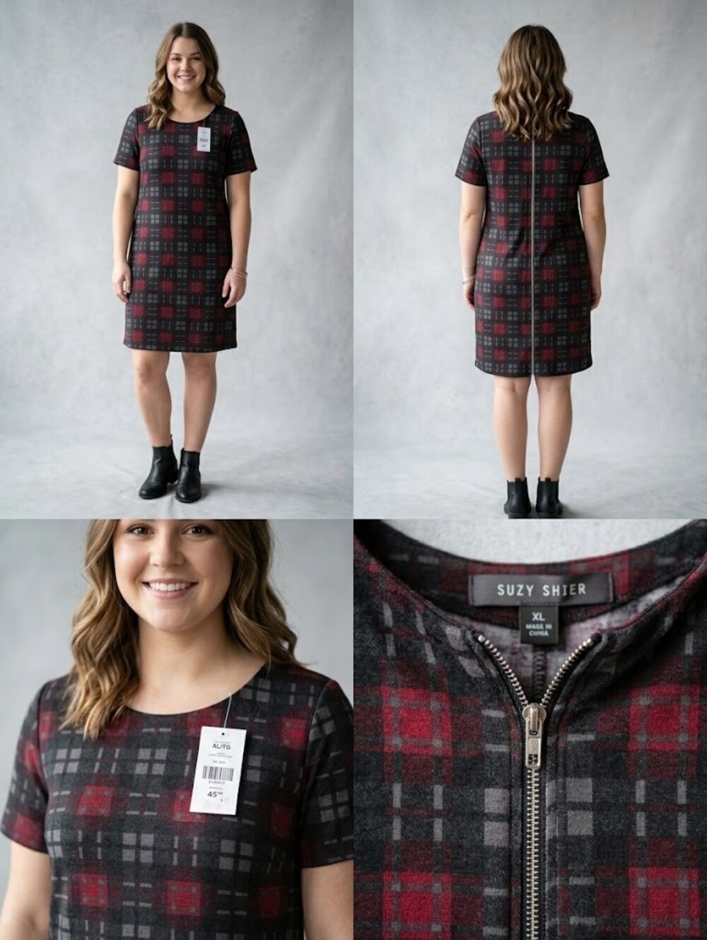 New Suzy Shier Dress XL Red Gray Plaid Short Sleeve Shift Bodycon Zipper NWT